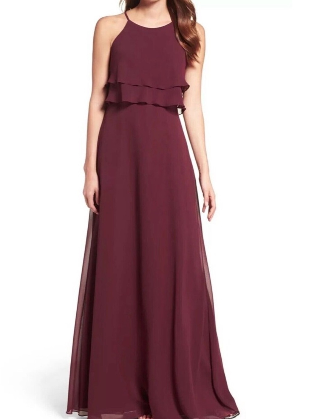 JENNY YOO Charlie Ruffle Bodice Gown, Hibiscus Maroon, 4 (US)